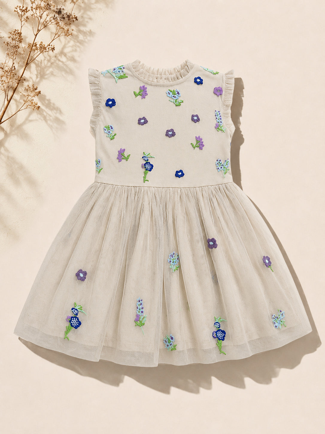 Girls Off White Floral Embroidered Tulle Party Dress