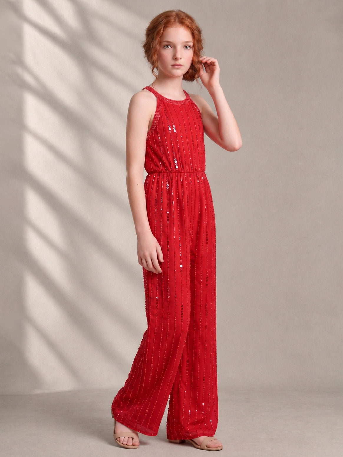 Girls Fuchsia Pink Sequin-Embellished Party Jumpsuit