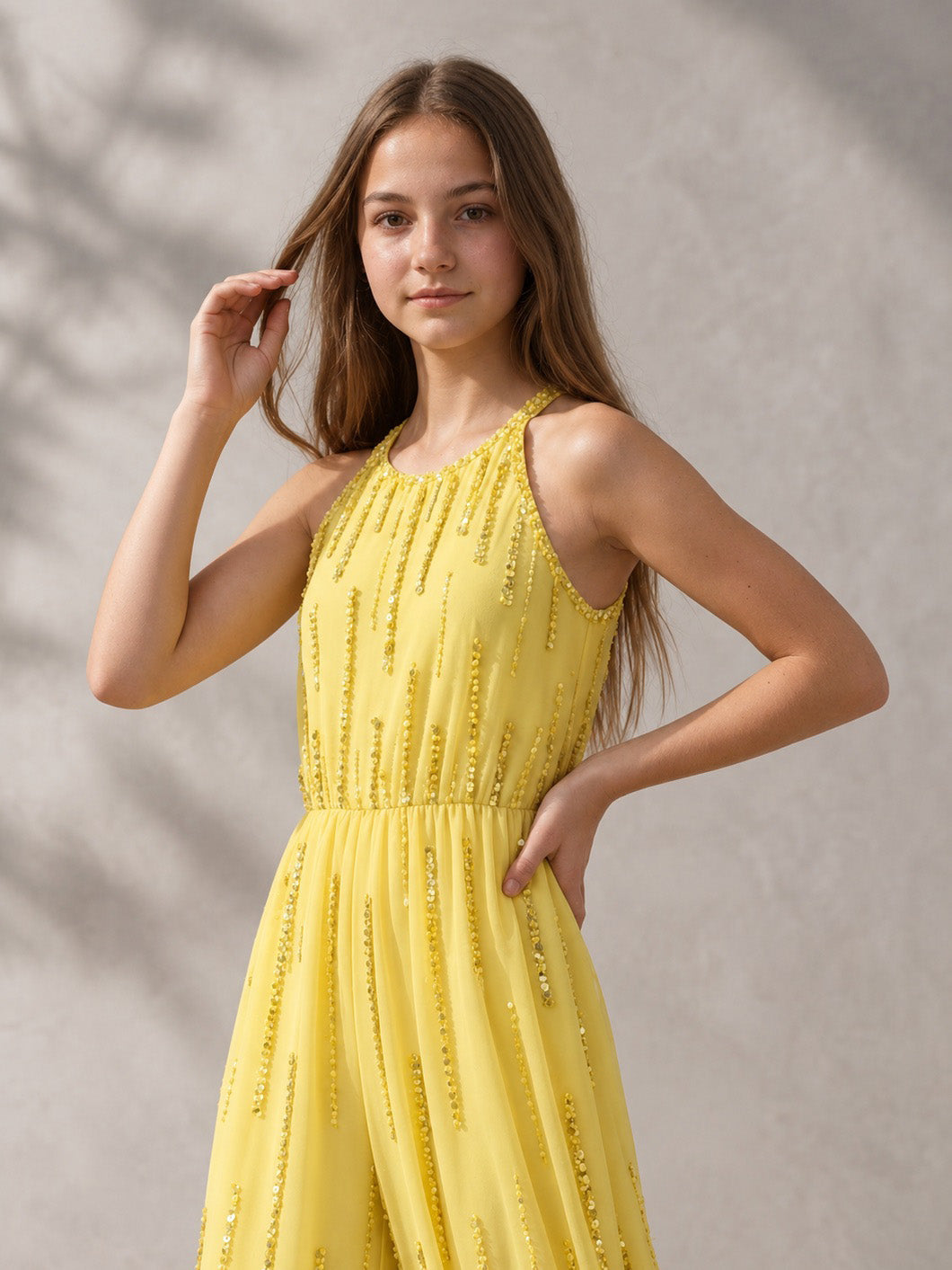 Girls Light Yellow Sequin-Embellished Party Jumpsuit