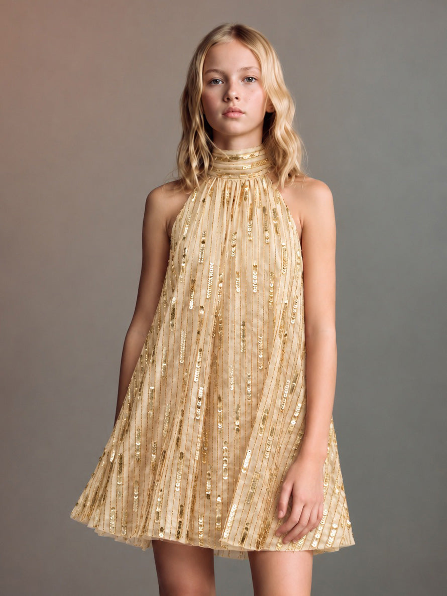 Girls Gold Sequin High-Neck Party Dress