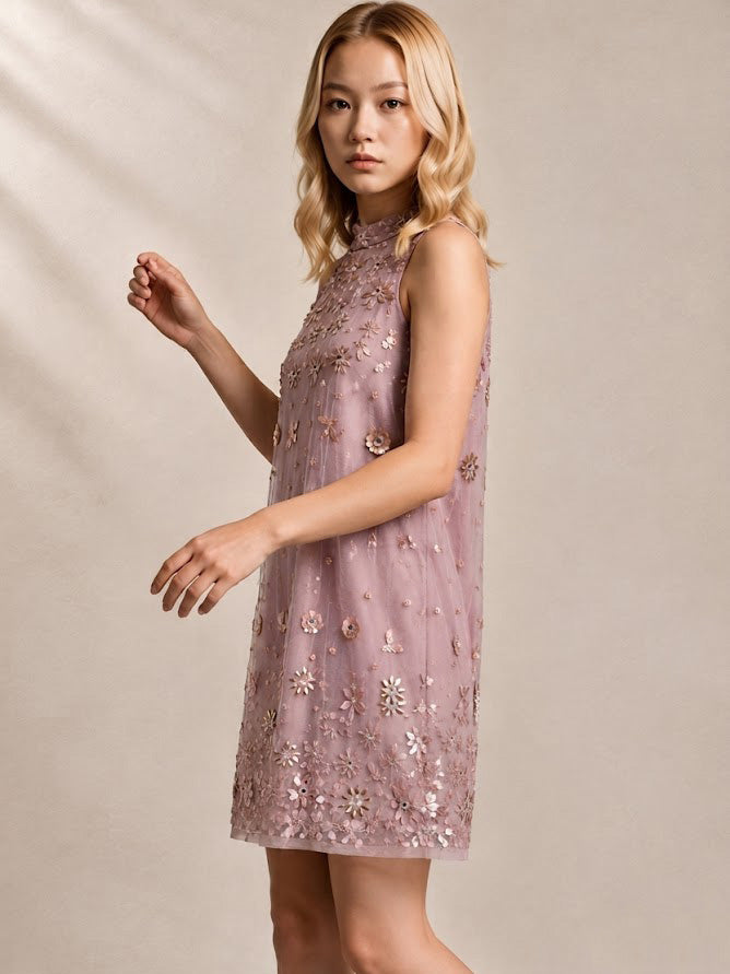 Girls Lilac Blossom Halter-Neck Embellished Dress