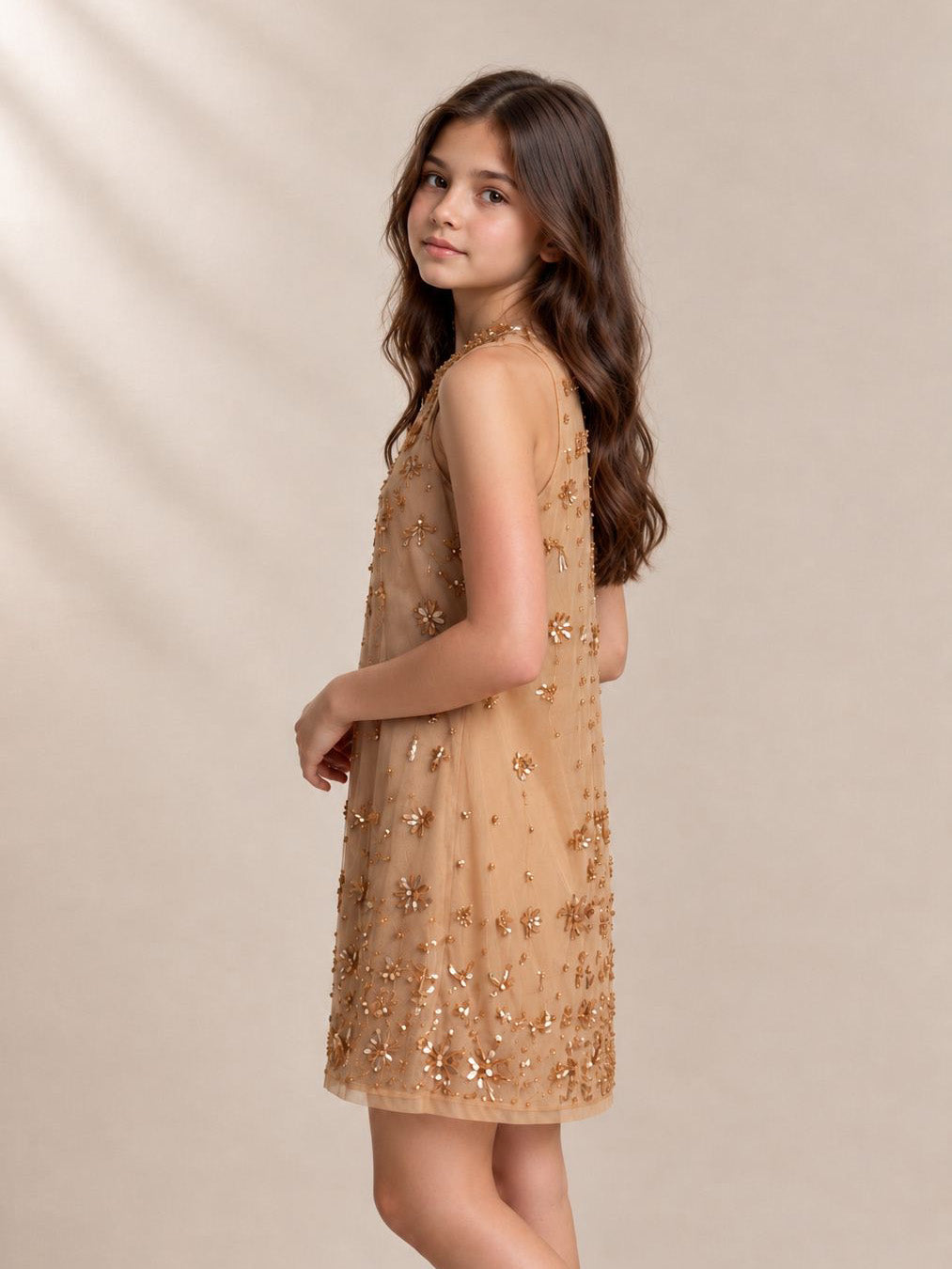 Girls Champagne Floral Embellished Party Dress