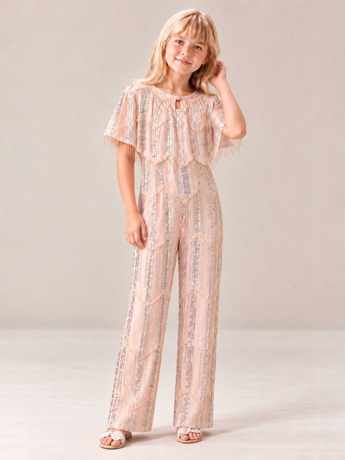 Girls Blush Pink Cape-Sleeve Sequin Embellished Party Jumpsuit