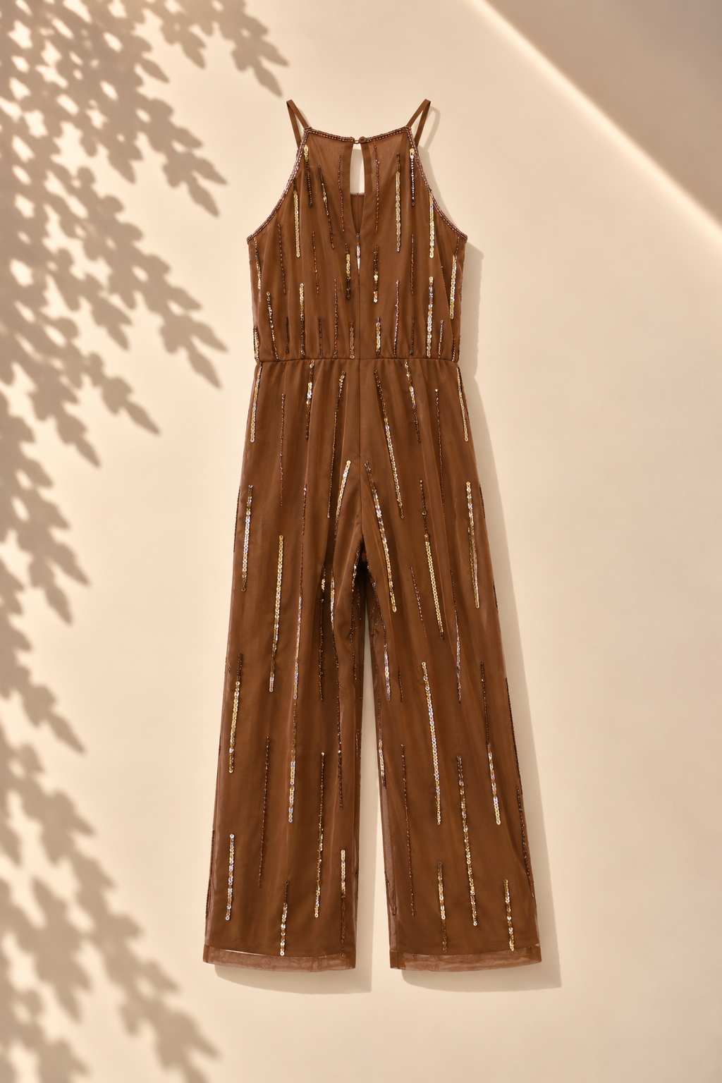 Girls Brown Sequin Embellished Shoulder Starp Party Jumpsuit
