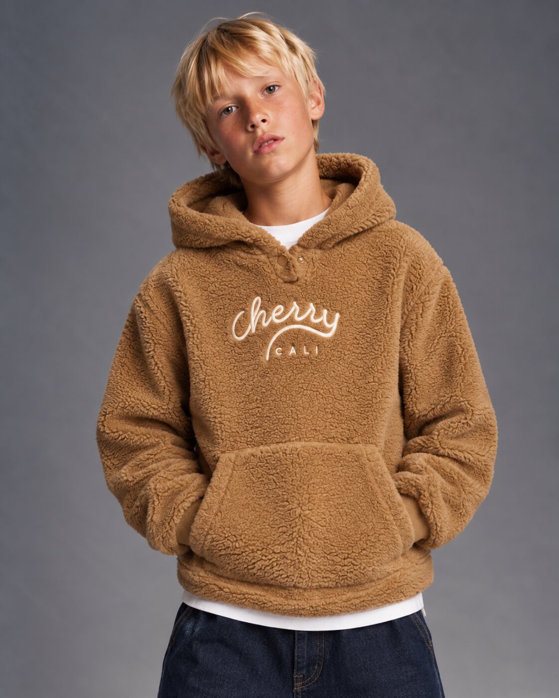 Kids Unisex Beige Hooded Sweatshirt with Kangaroo Pocket