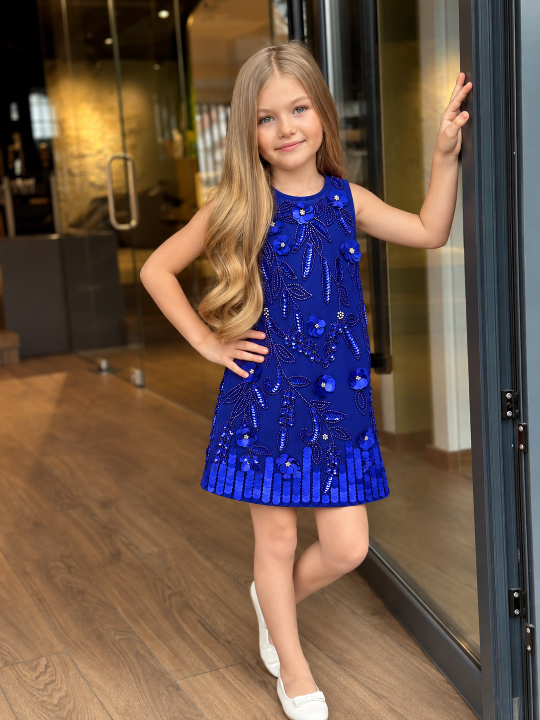 Girls Blue Sequin Embellished Party Dress