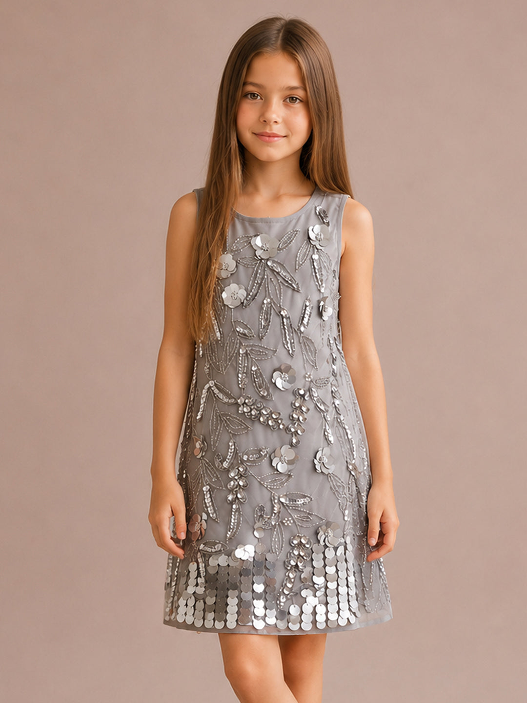 Silver Sequin Embroidered Tulle A-Line Dress