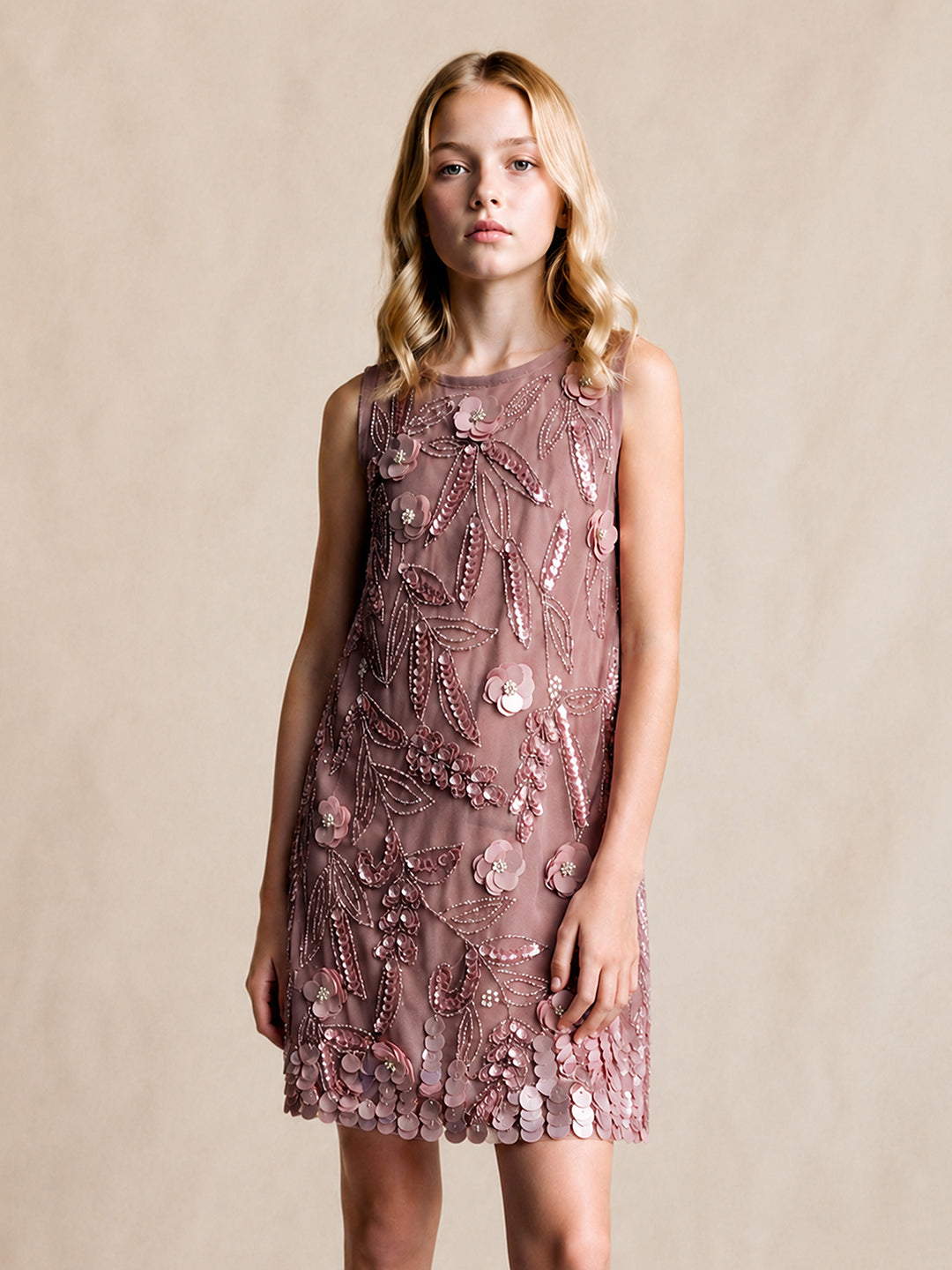 Beige Sequin Embroidered Tulle A-Line Dress