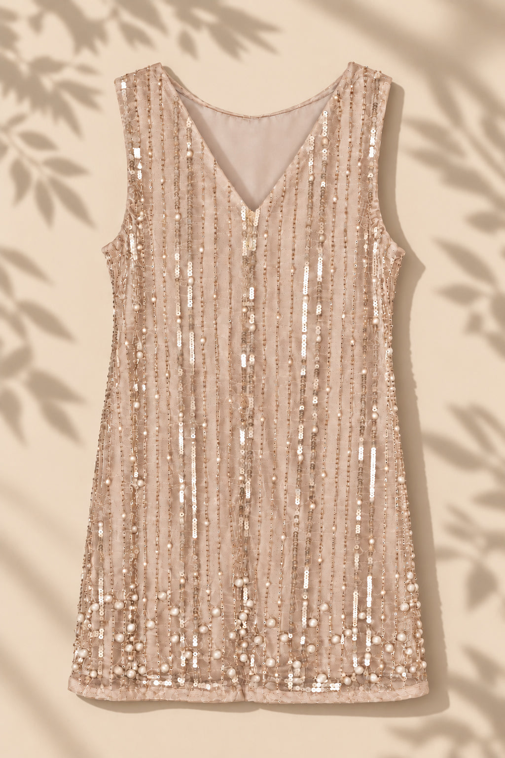 Girls Beige Pearl & Sequin Embellished Party Dress