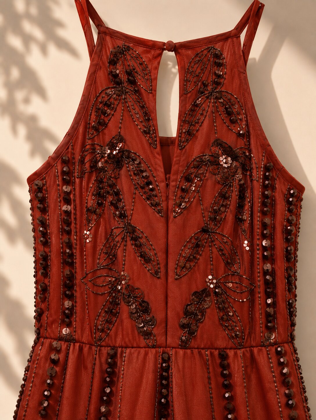 Brown Sequins Embellished Shoulder Strap Party Wear Jumpsuit