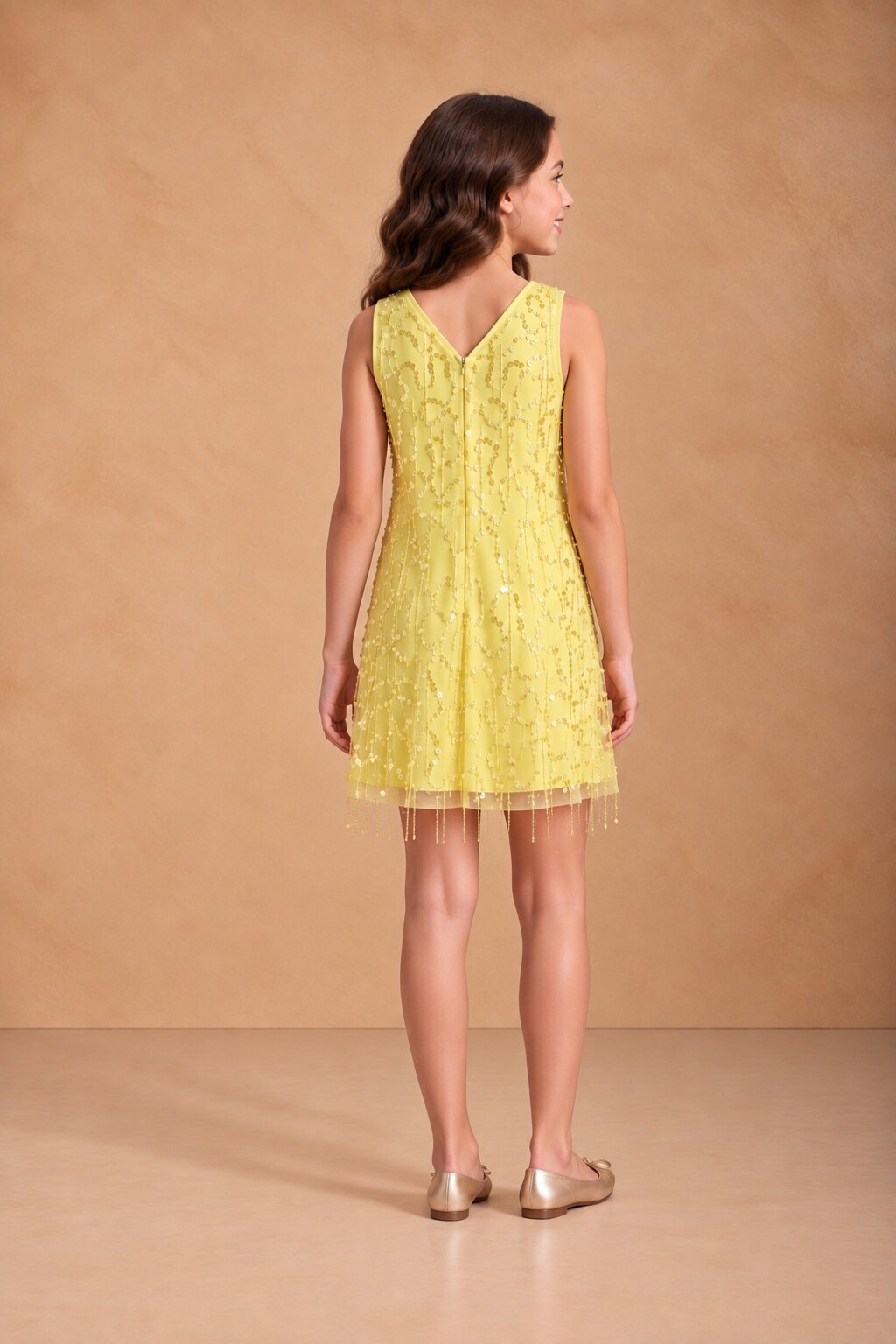 Girls Lemon Yellow Sequin Party Dress