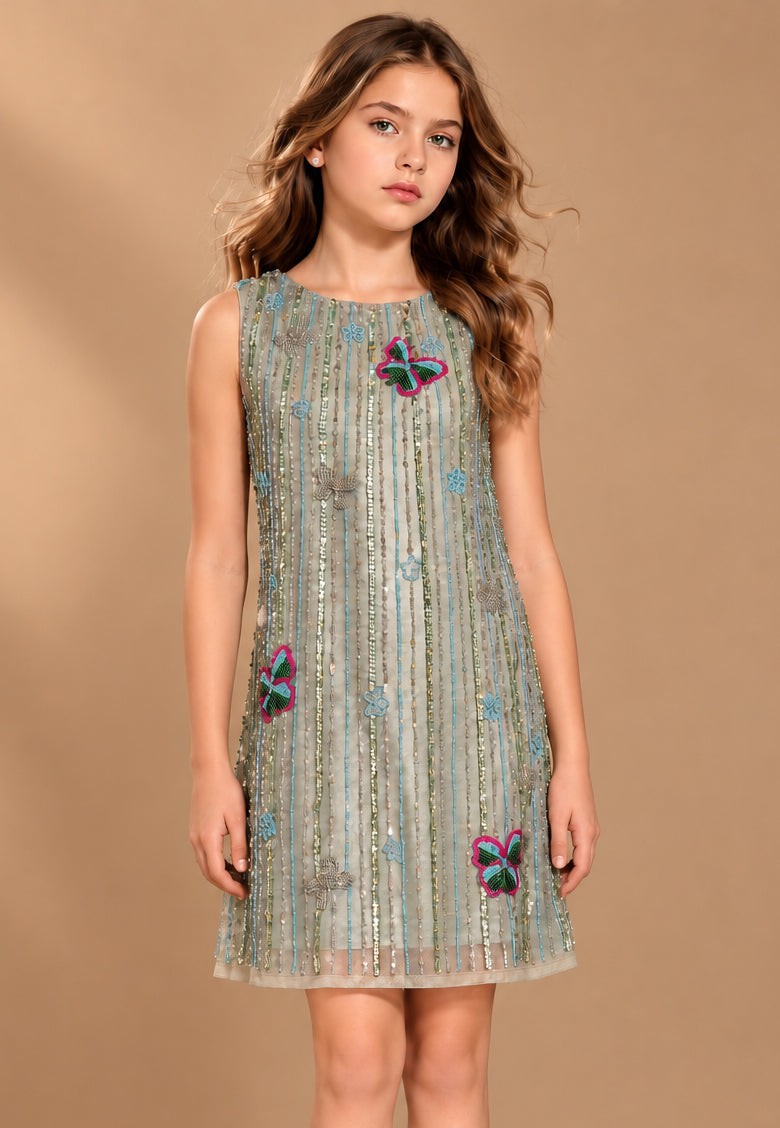 Girls Mint Butterfly Sequin A-Line Party Dress