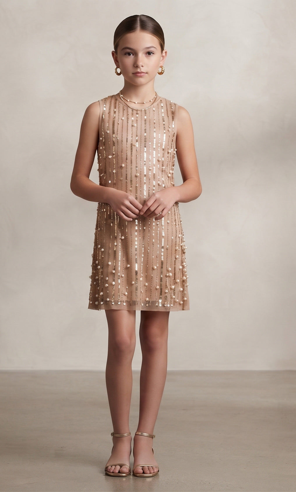 Girls Beige Pearl & Sequin Embellished Party Dress