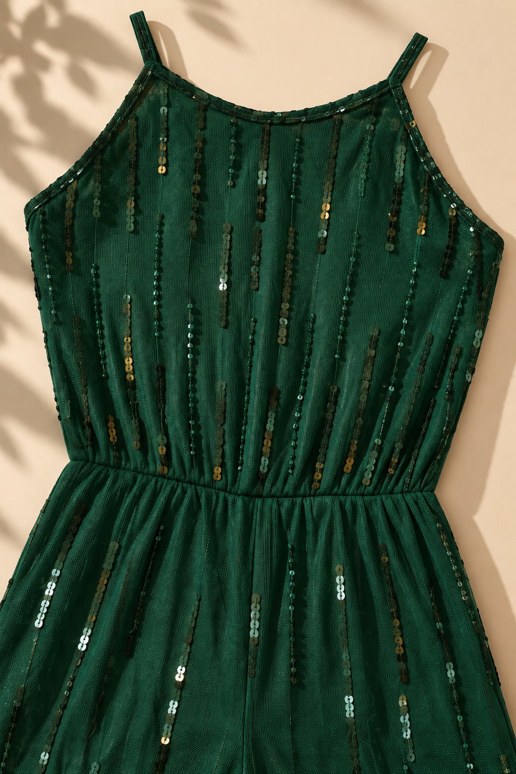 Girls Green Sequin Wide-Leg Party Jumpsuit