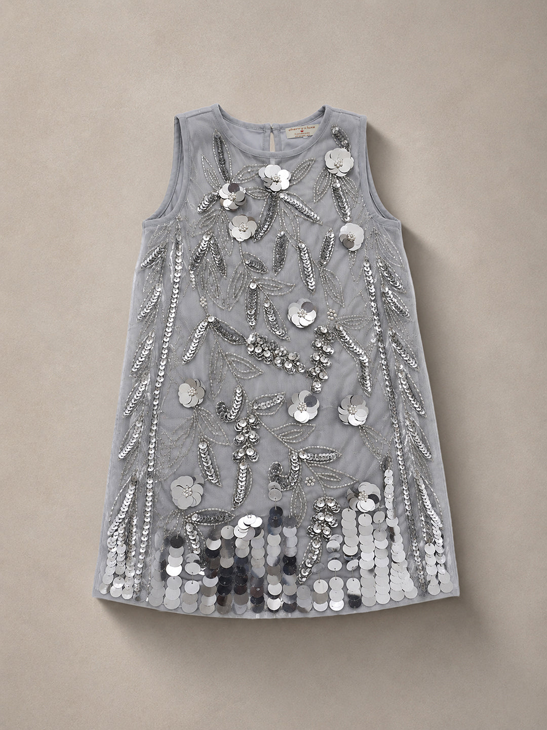 Cherry Crumble Girls Grey Solid Embellished Sleeveless A-Line Dress
