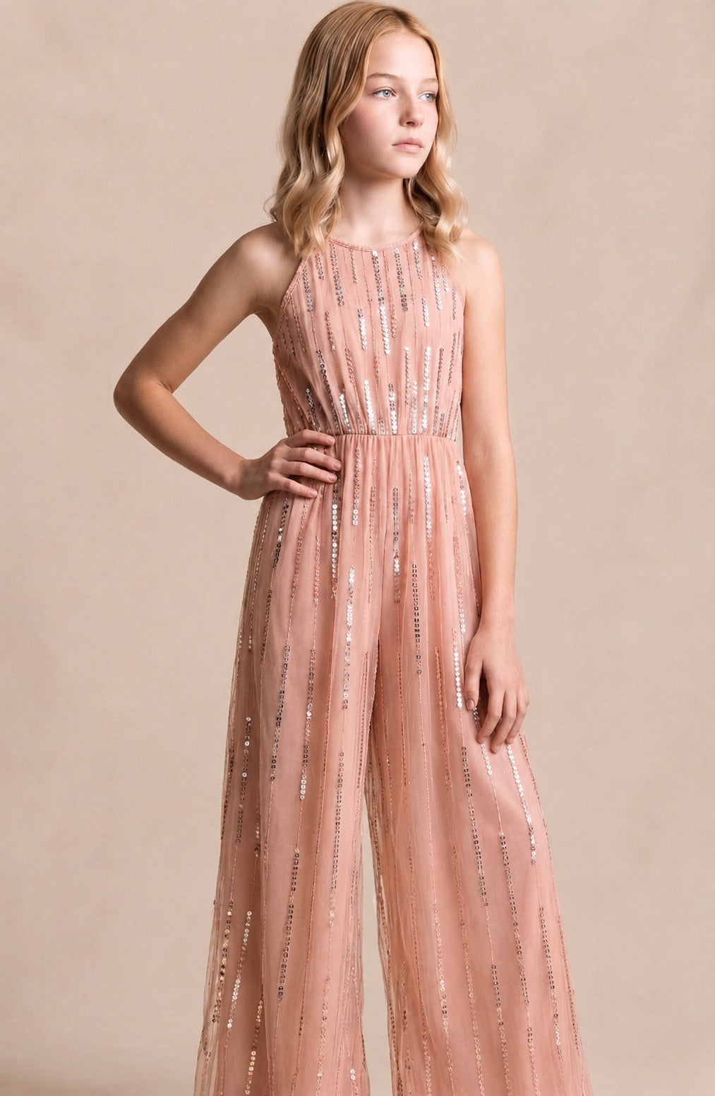 Girls Light Pink Sequin-Embellished Party Jumpsuit