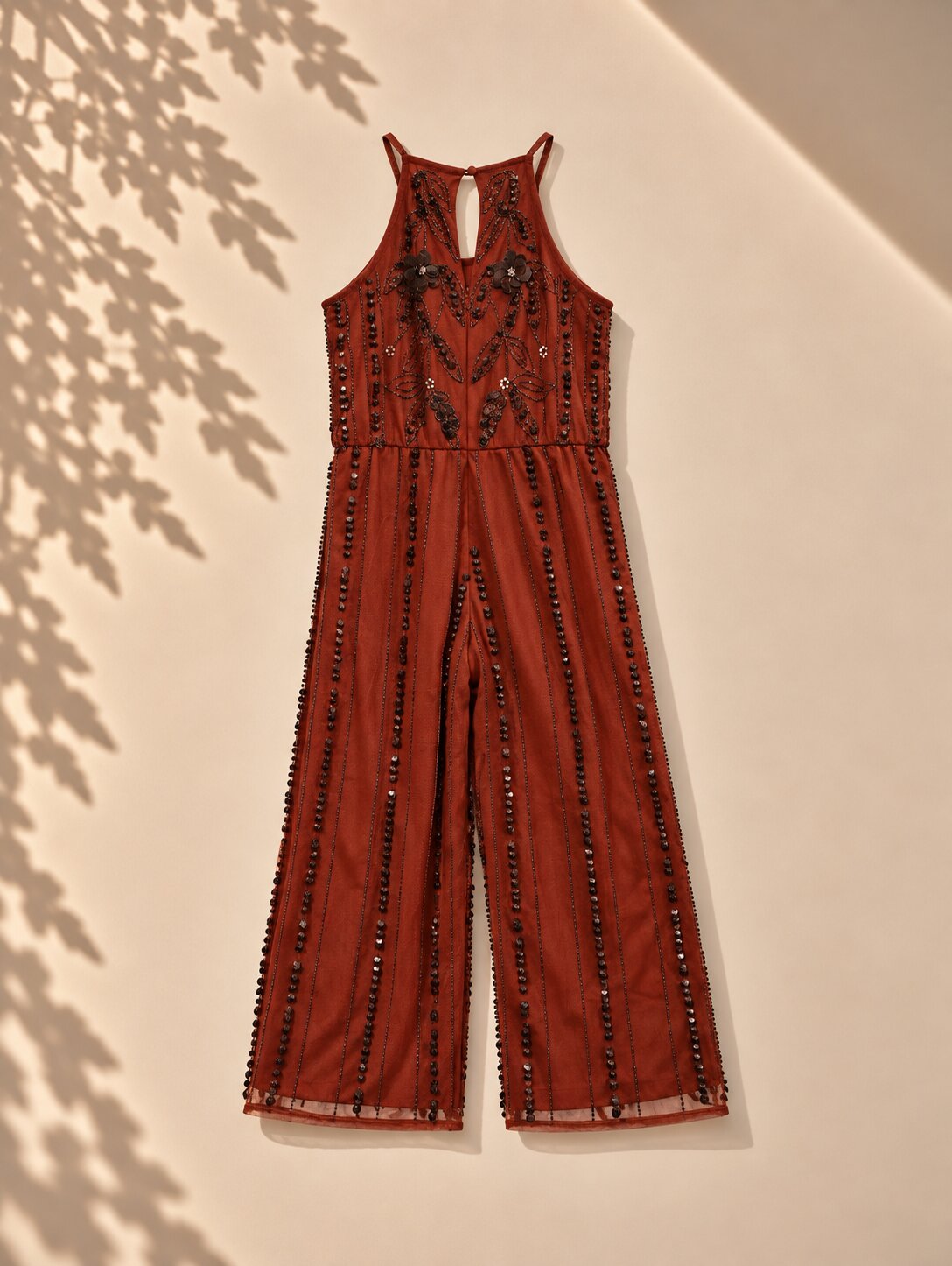 Brown Sequins Embellished Shoulder Strap Party Wear Jumpsuit