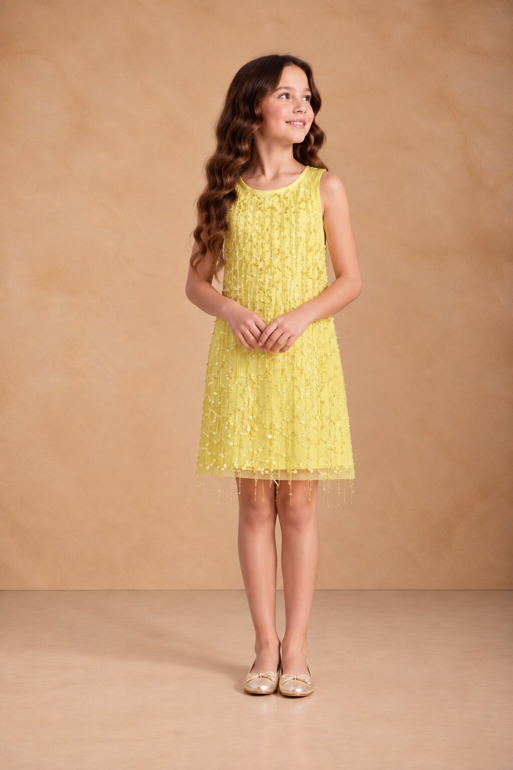 Girls Lemon Yellow Sequin Party Dress