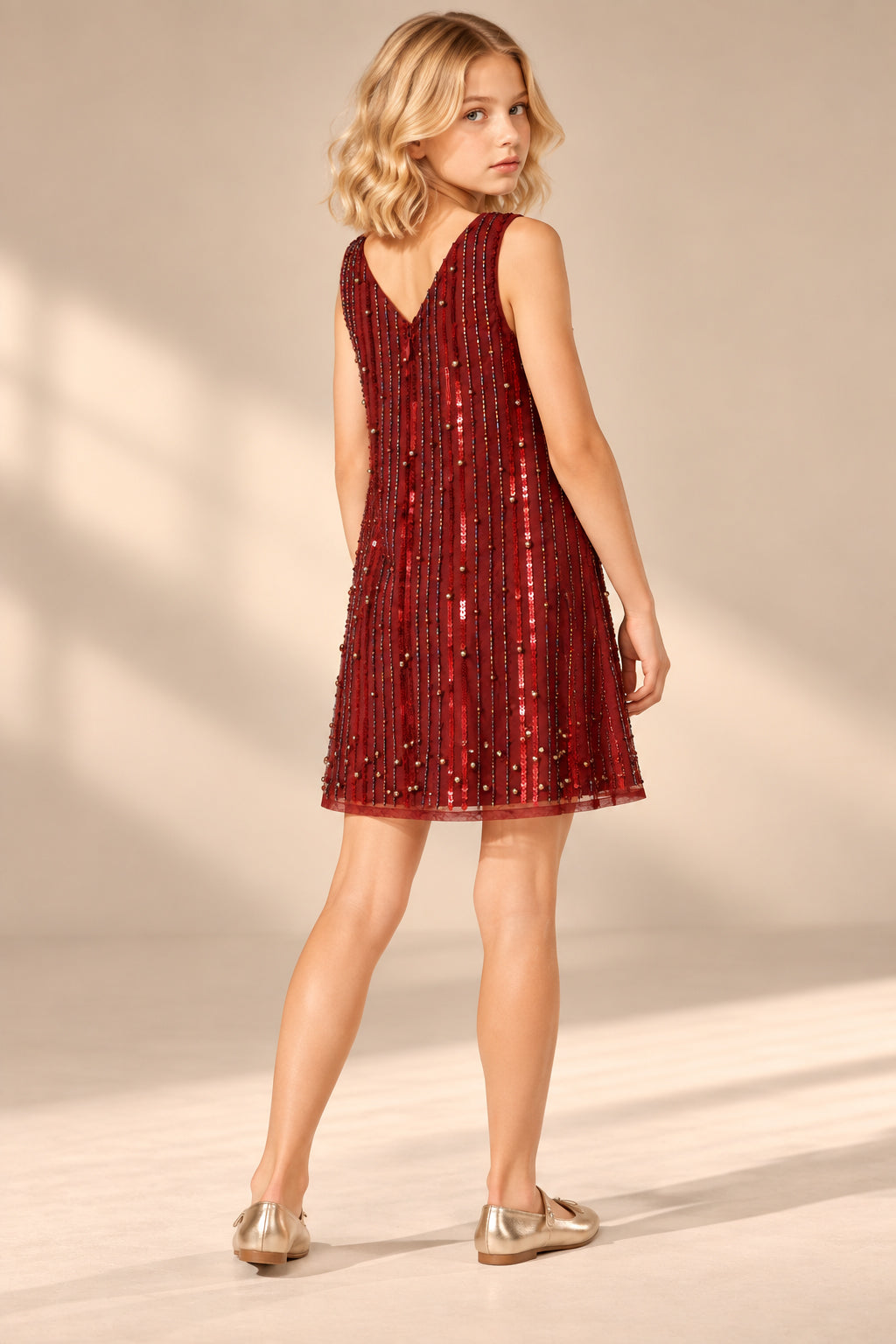Girls Wine Sequin Embellished A-Line Party Dress
