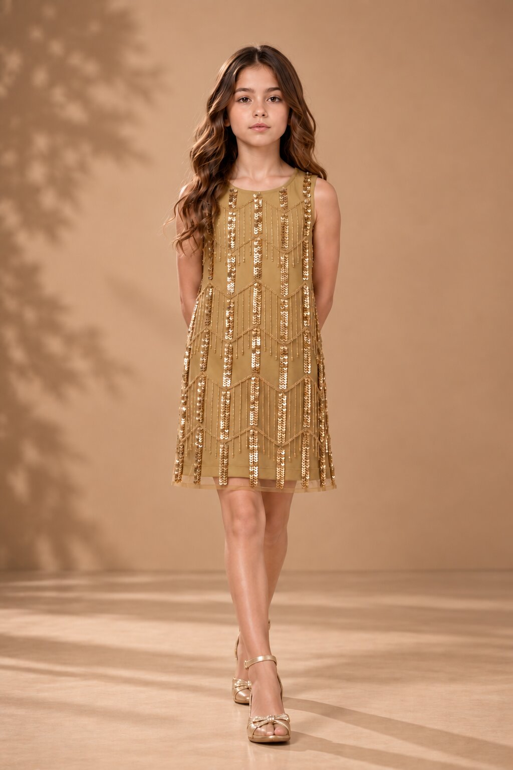 Girls Beige Chevron Sequin Party Dress