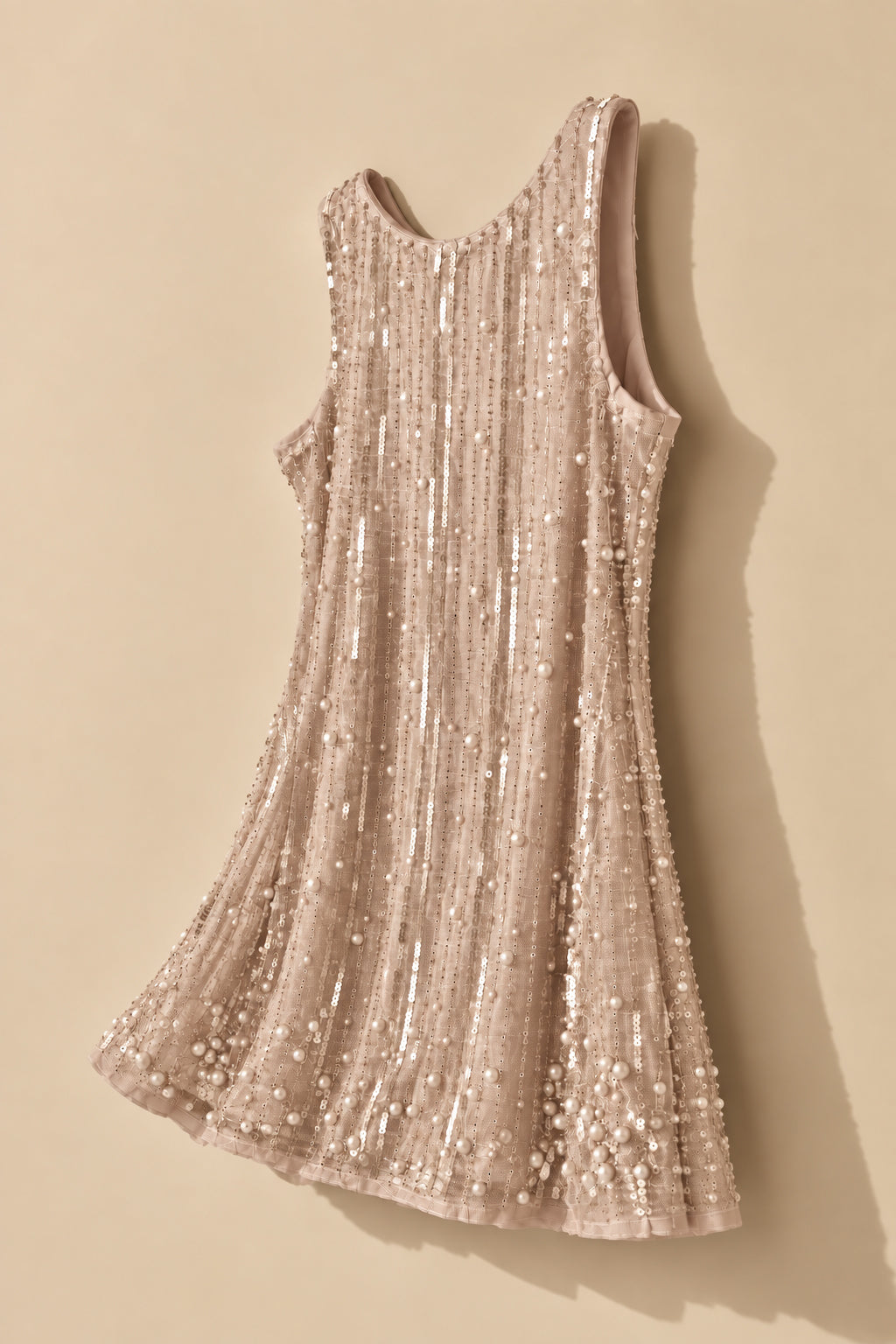 Girls Beige Pearl & Sequin Embellished Party Dress