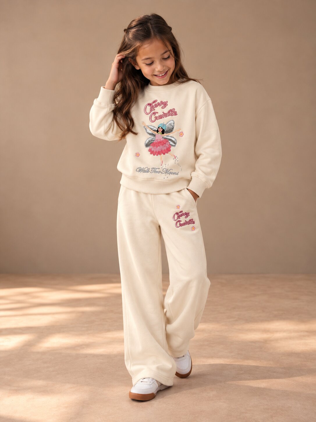 Girls Cartoon Patchwork Full-Sleeve Sweatshirt with Trousers Set