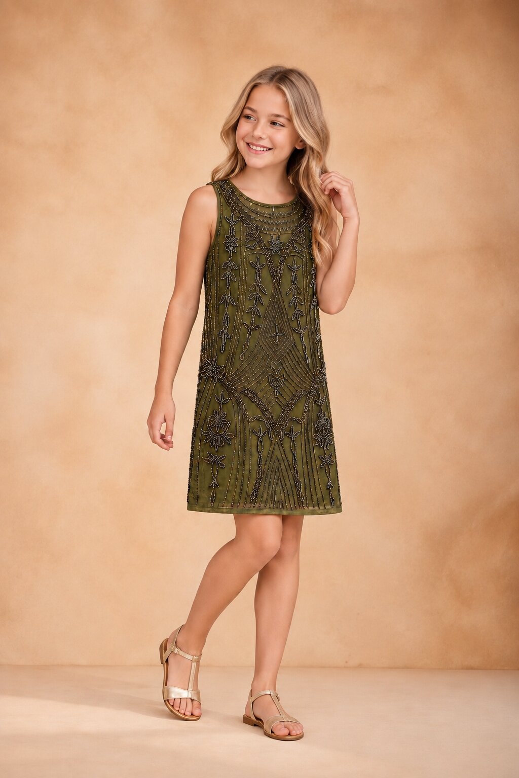 Girls Green Sequin Embellished Party Dress