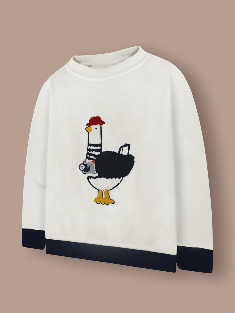 A Sweatshirt For Those Who Like A Pinch Of Quirk In Their Wardrobe!This Snug Sweatshirt Comes With An Elegant Crew Neckline, Contrasting Ribbed Hems & An Embroidered Tourist Chicken.