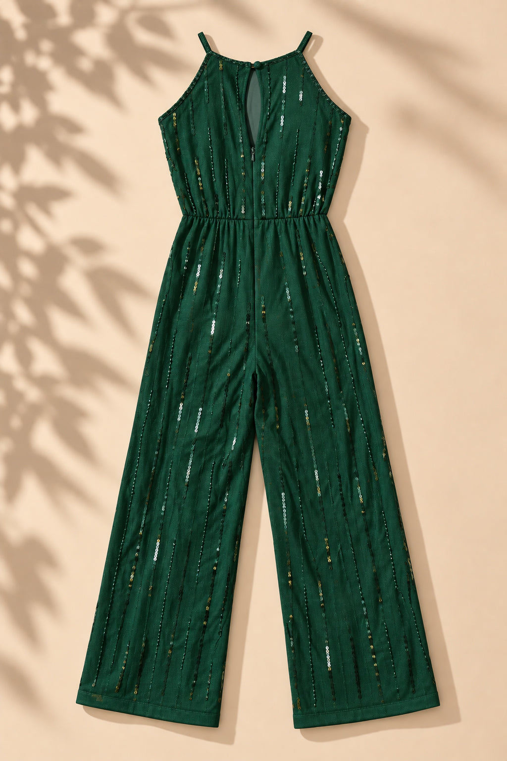 Girls Green Sequin Wide-Leg Party Jumpsuit