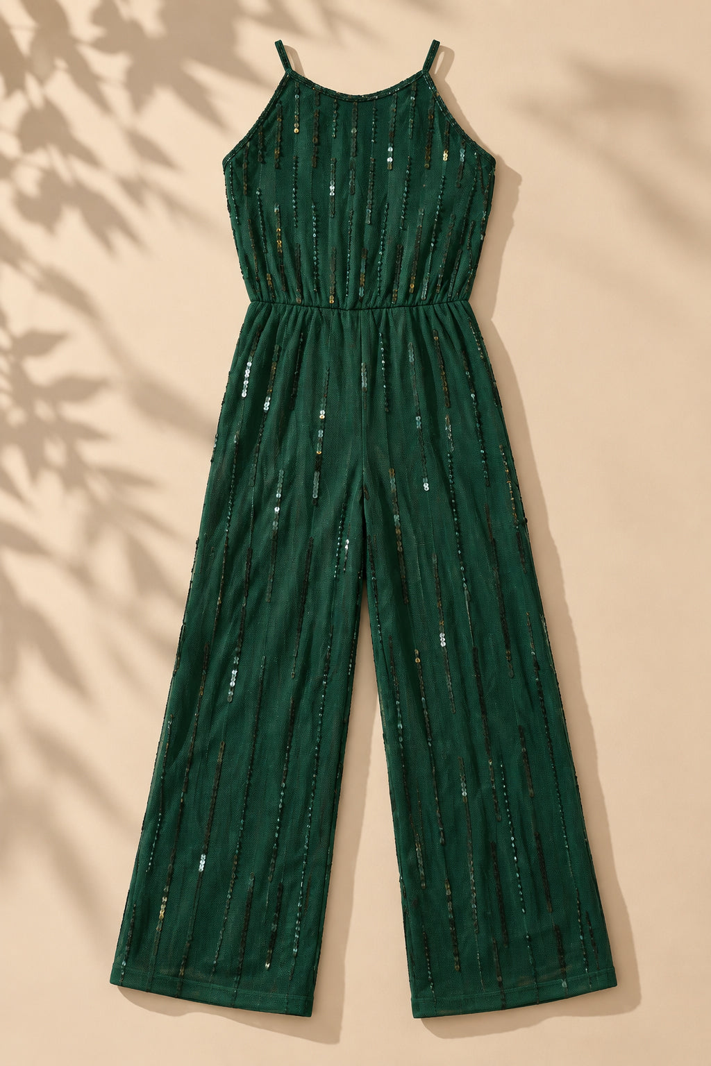 Girls Green Sequin Wide-Leg Party Jumpsuit