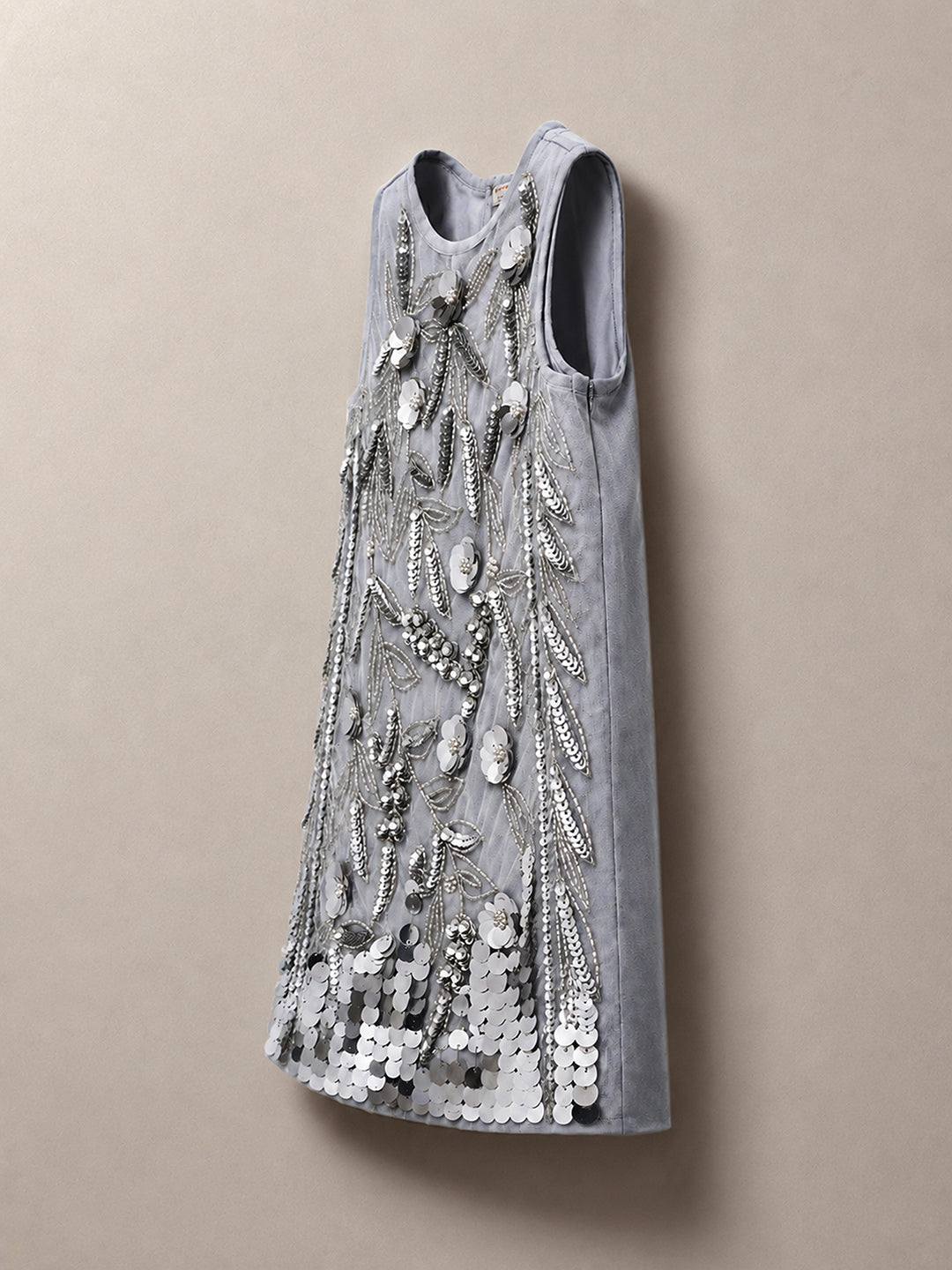 Cherry Crumble Girls Grey Solid Embellished Sleeveless A-Line Dress