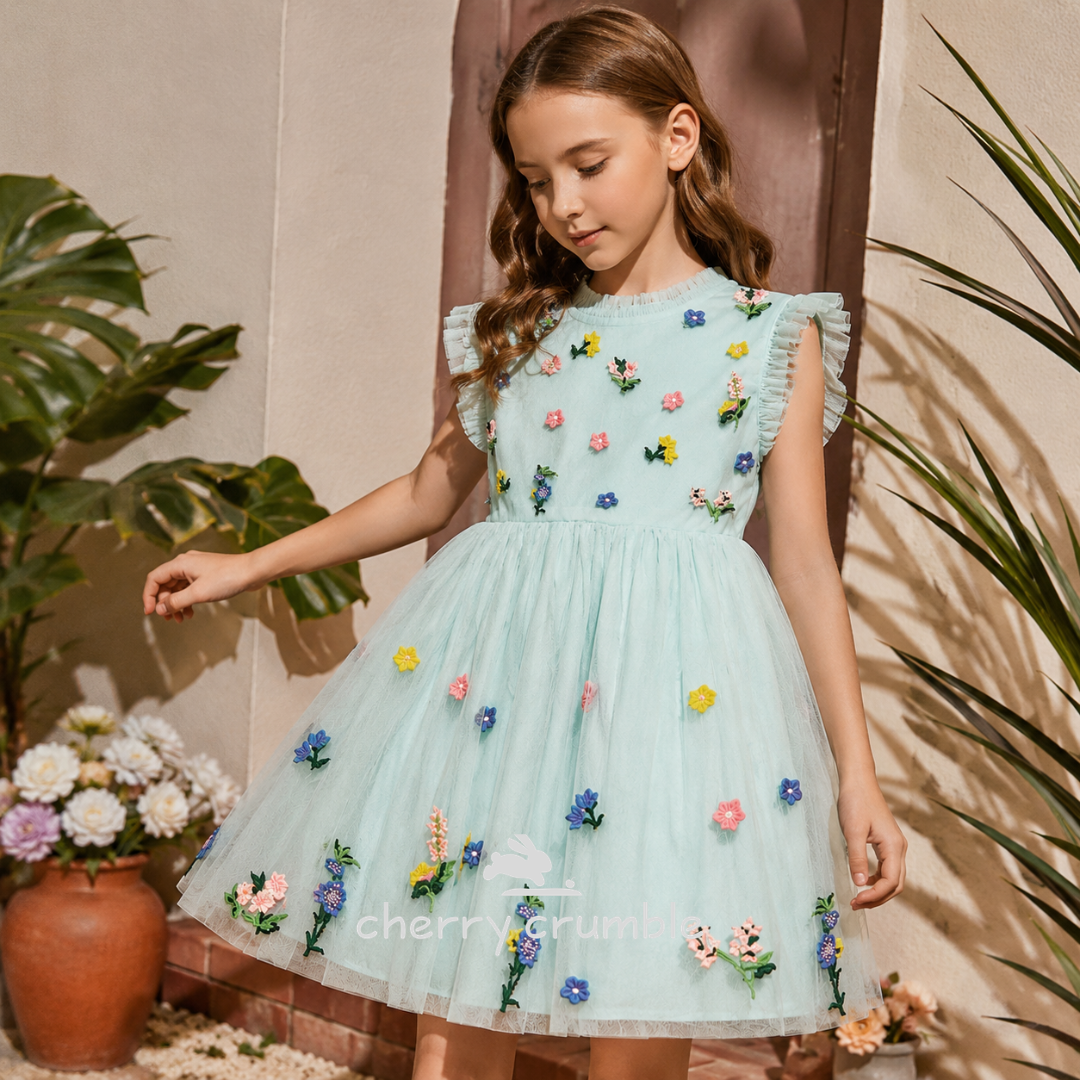 Girls Mint Floral Embroidered Tulle Party Dress