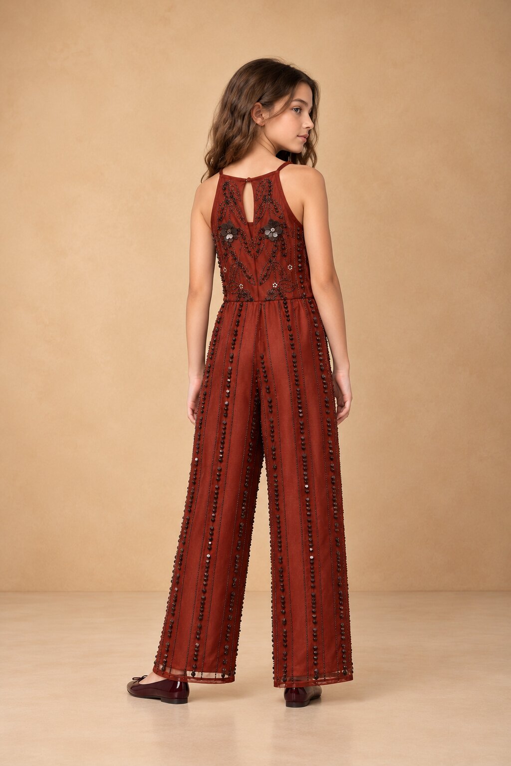 Brown Sequins Embellished Shoulder Strap Party Wear Jumpsuit