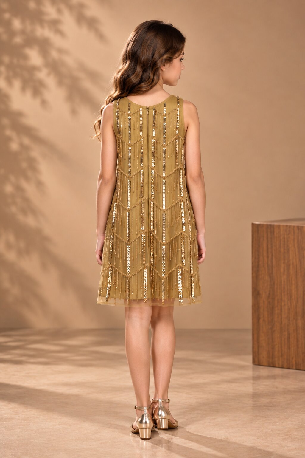 Girls Beige Chevron Sequin Party Dress