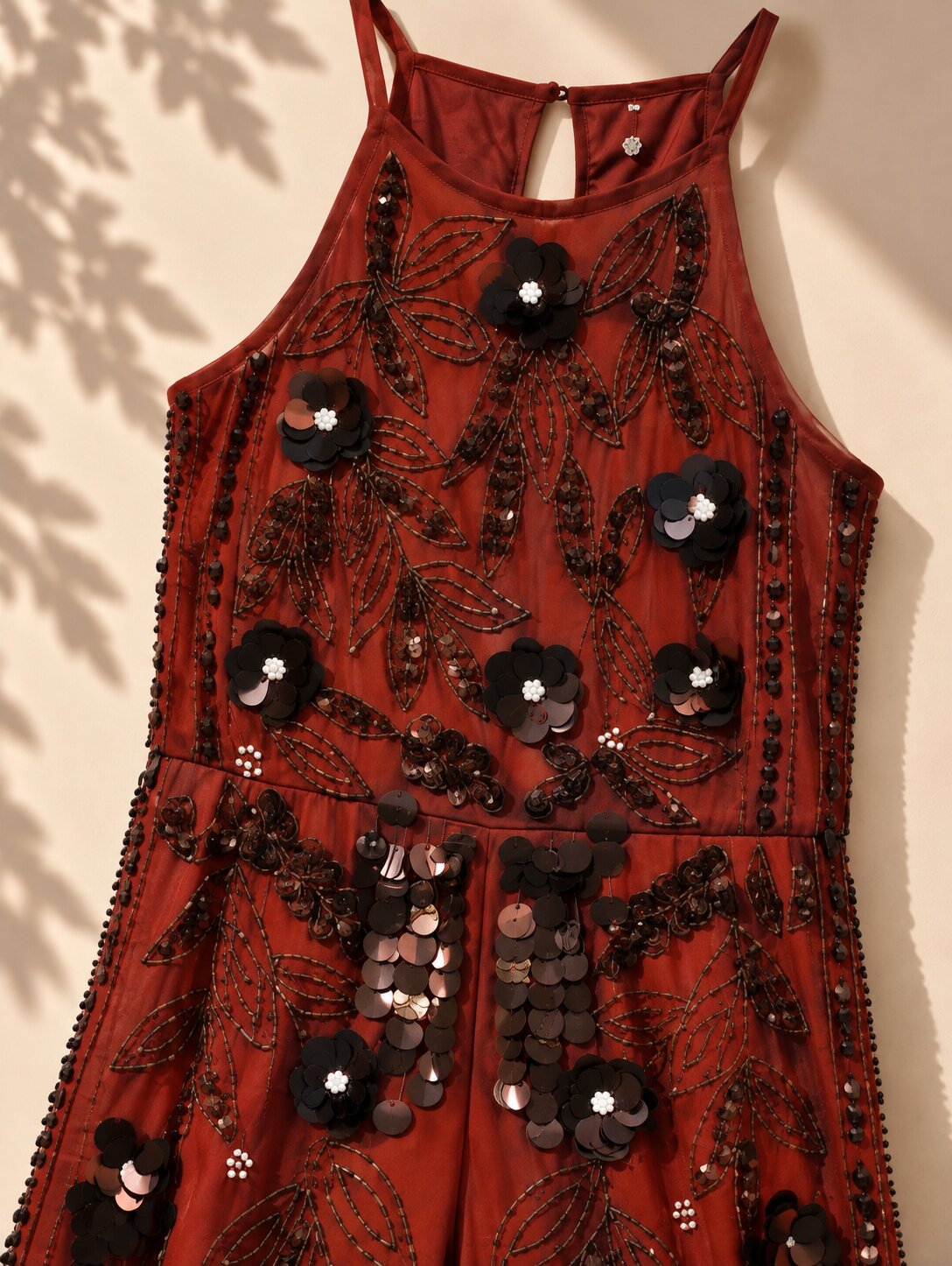 Brown Sequins Embellished Shoulder Strap Party Wear Jumpsuit