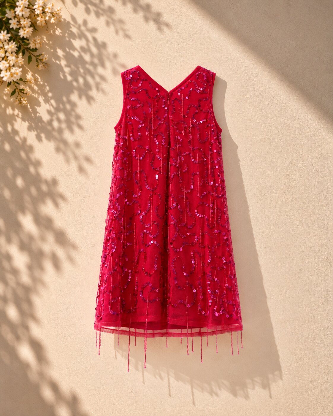 Fuchsia Sequin Embellished Fringe Party Dress