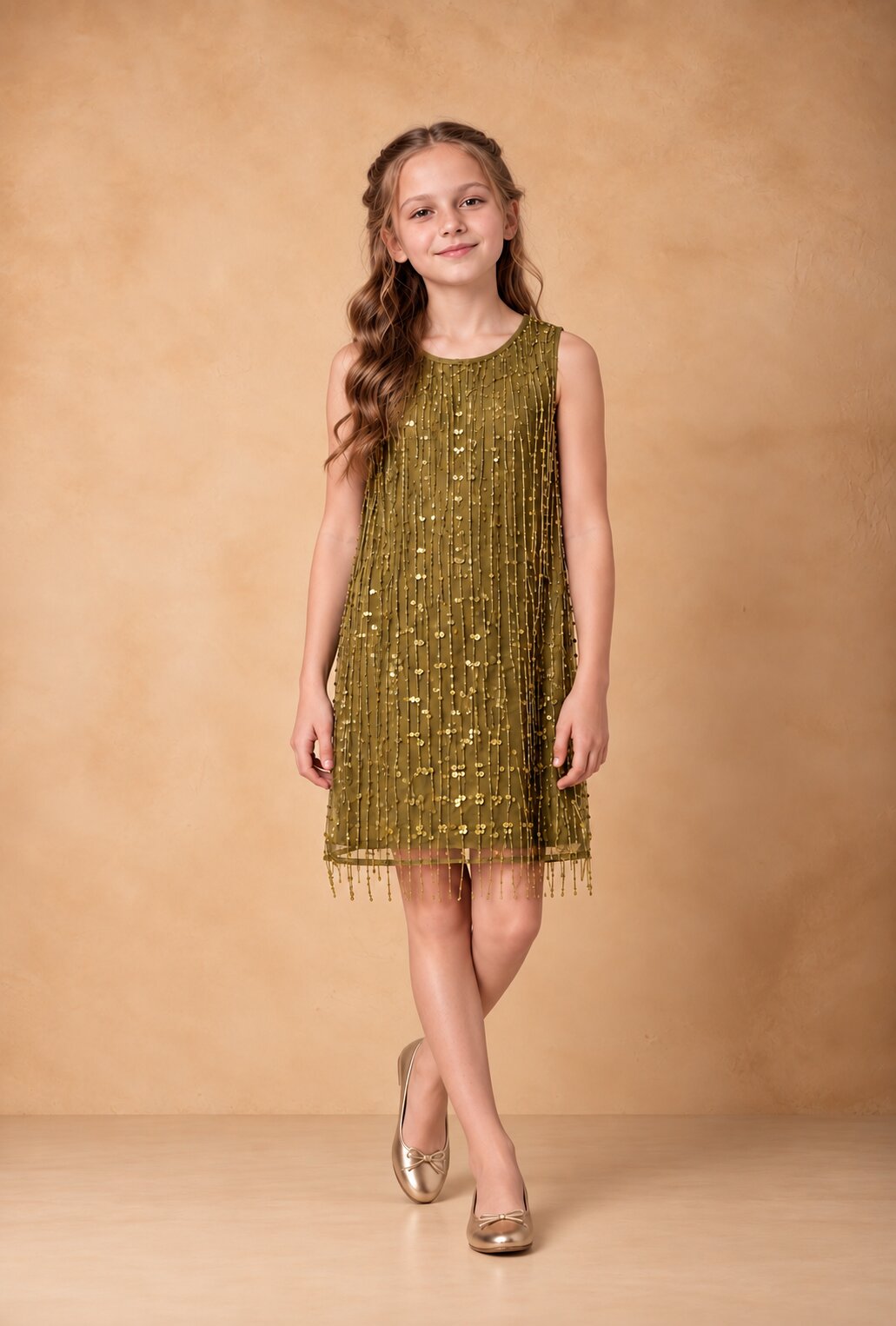 Girls Olive Sequin Embellished Party Dress