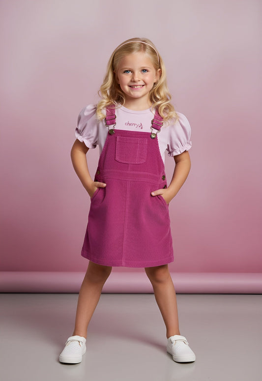 Cherry Crumble Girls Pinafore Dress With Half Puffed Sleeves Tee 
