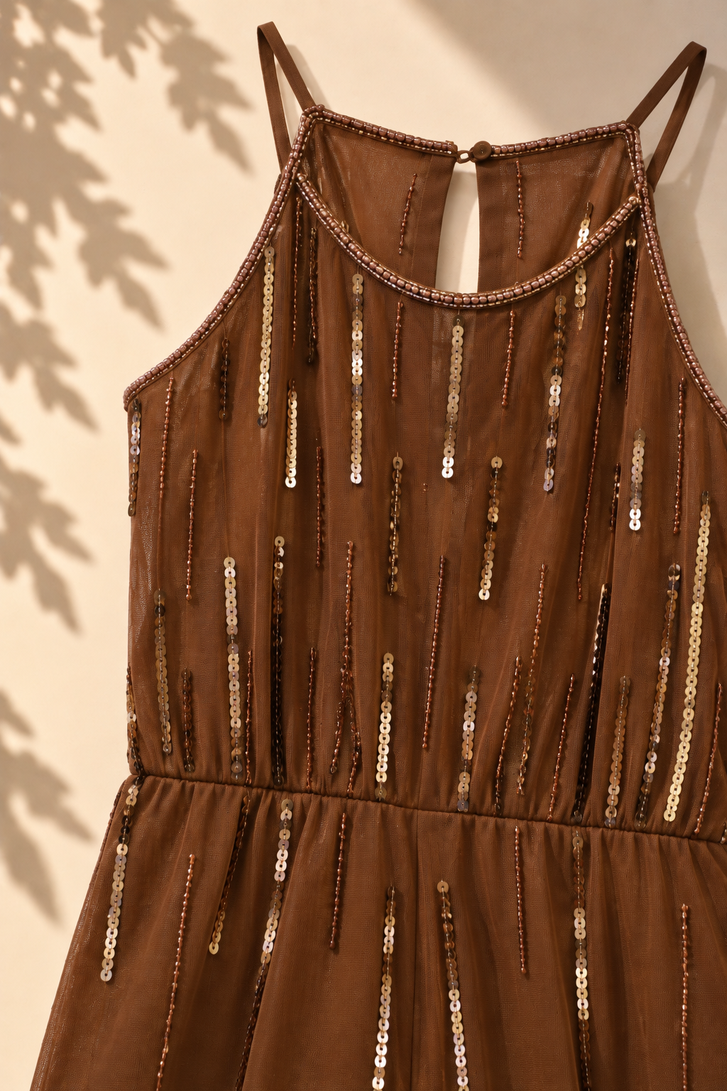 Girls Brown Sequin Embellished Shoulder Starp Party Jumpsuit