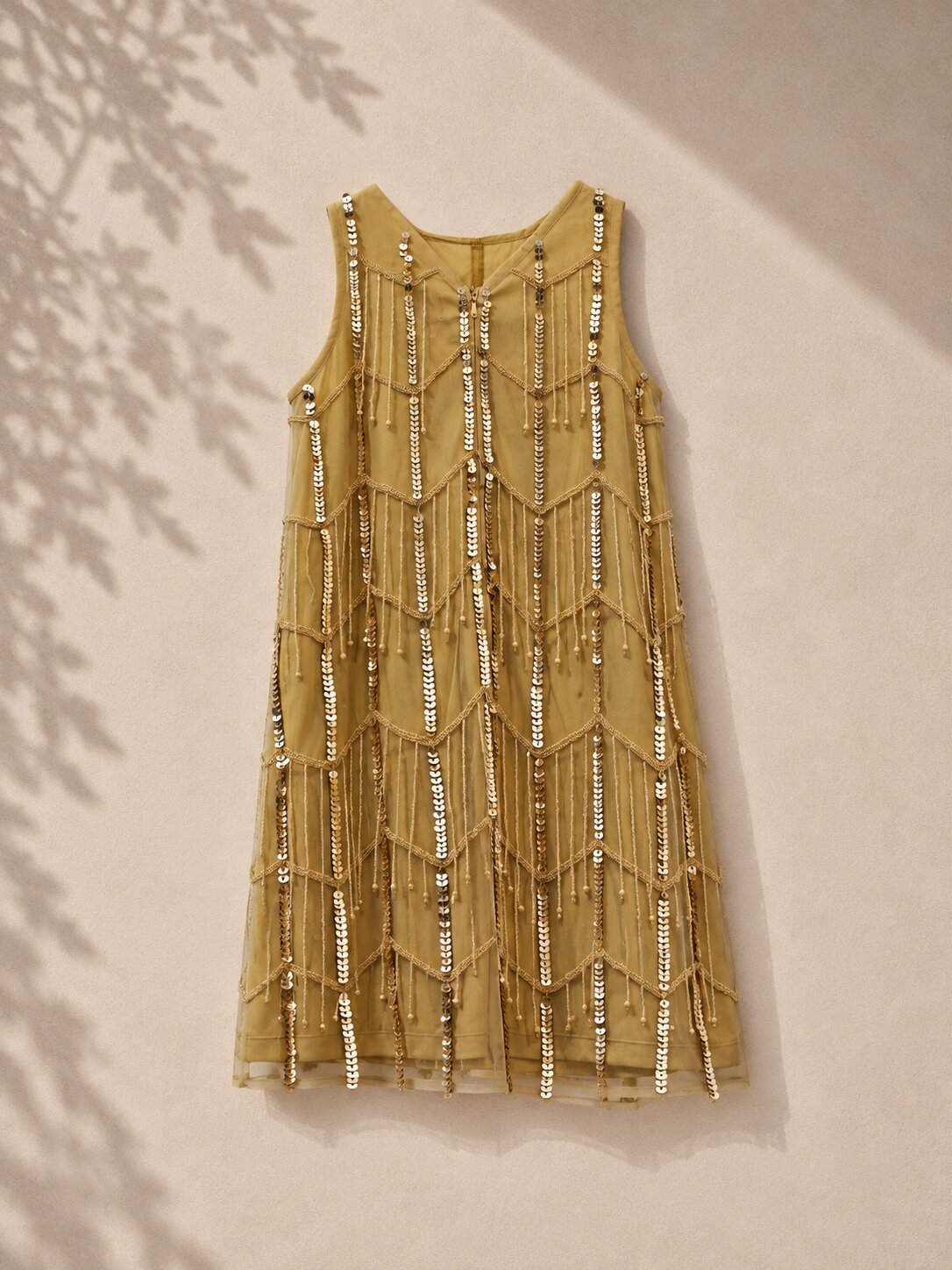 Girls Beige Chevron Sequin Party Dress