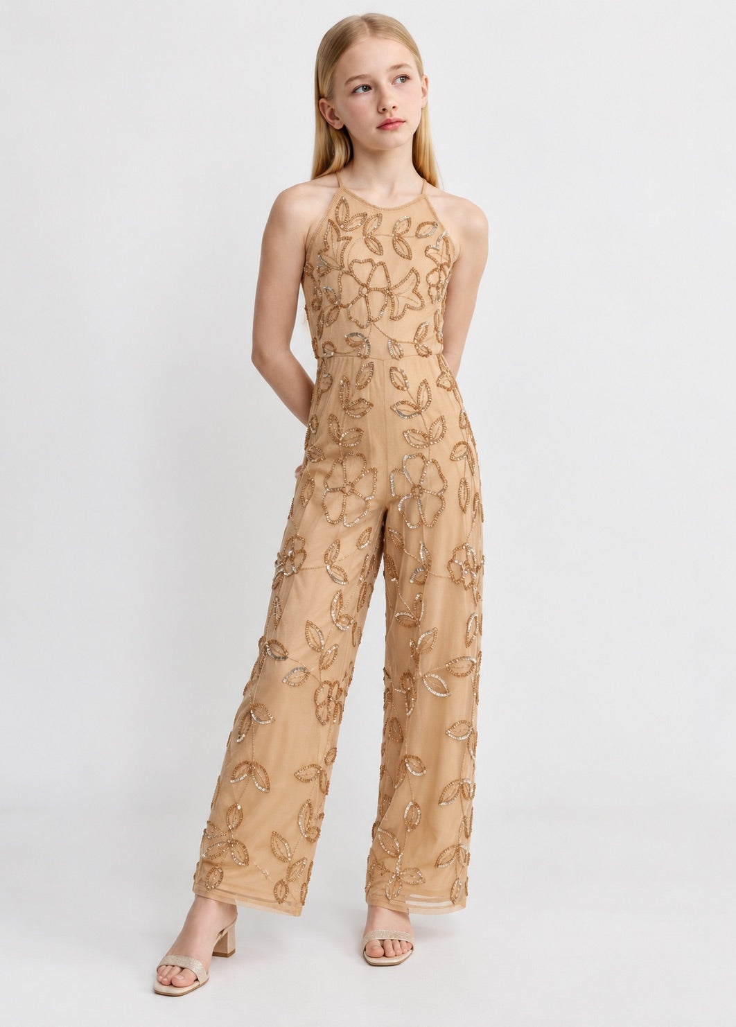 Girls Champagne Floral Hand-Embellished Party Jumpsuit