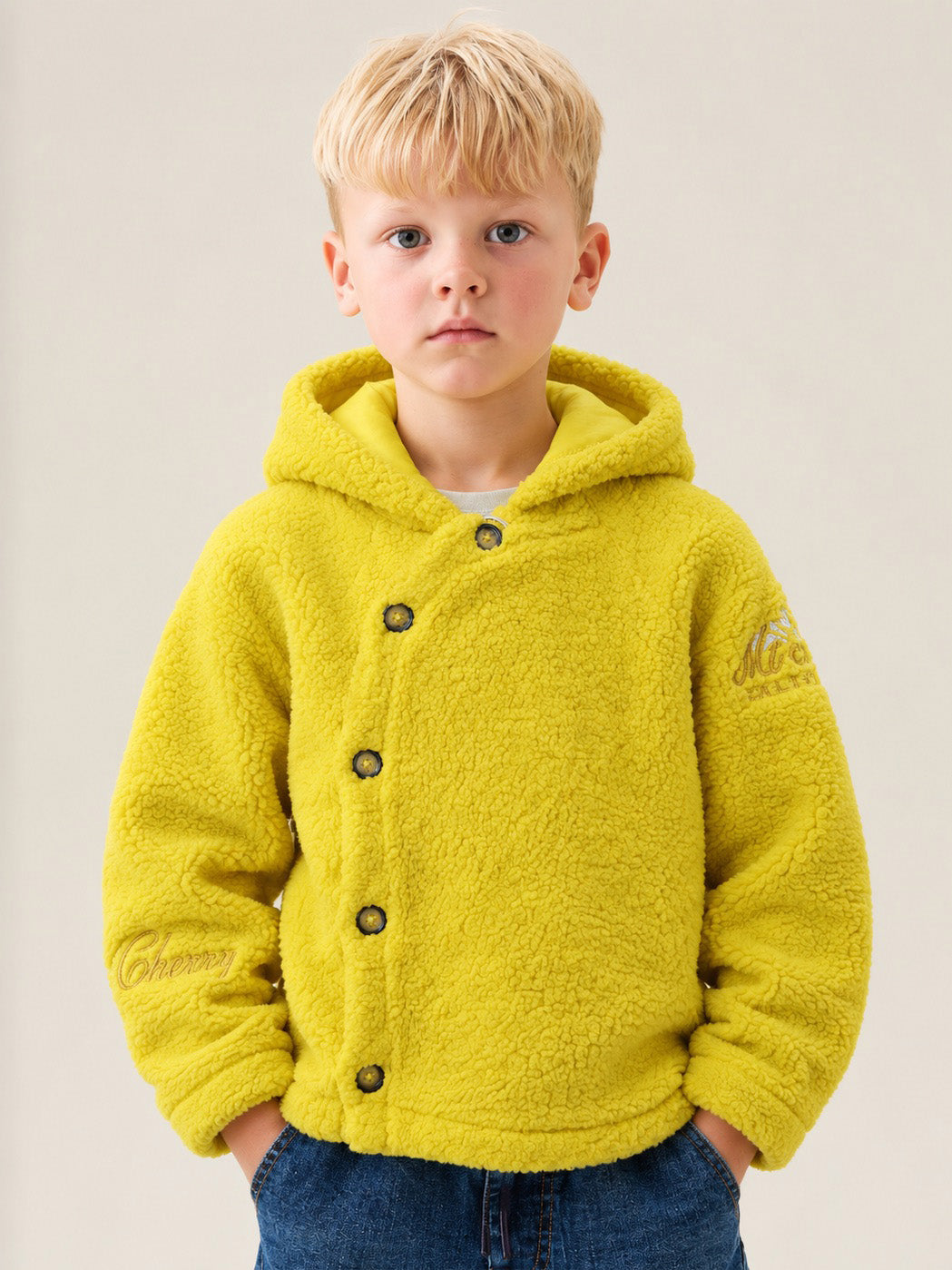Kids Unisex Yellow Sherpa Fleece Hooded Jacket