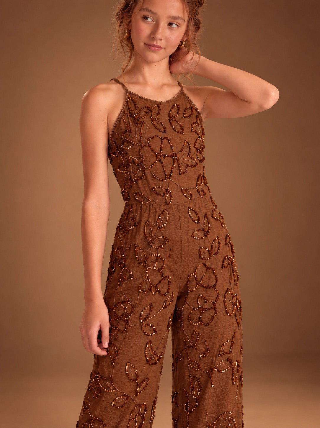 Girls Brown Floral Sequin Party Jumpsuit