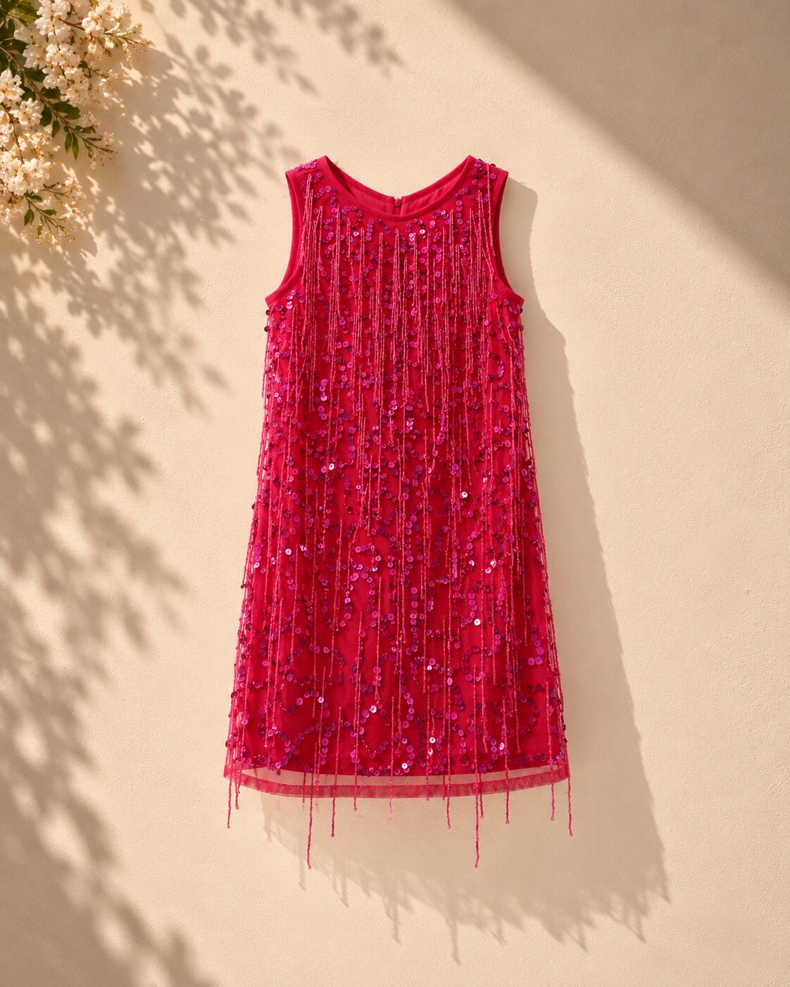 Fuchsia Sequin Embellished Fringe Party Dress