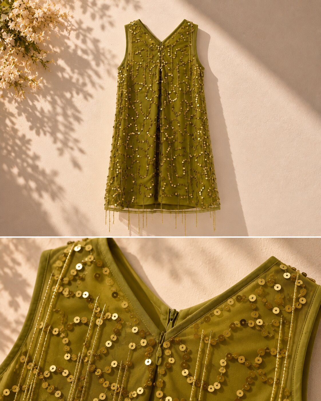 Girls Olive Sequin Embellished Party Dress