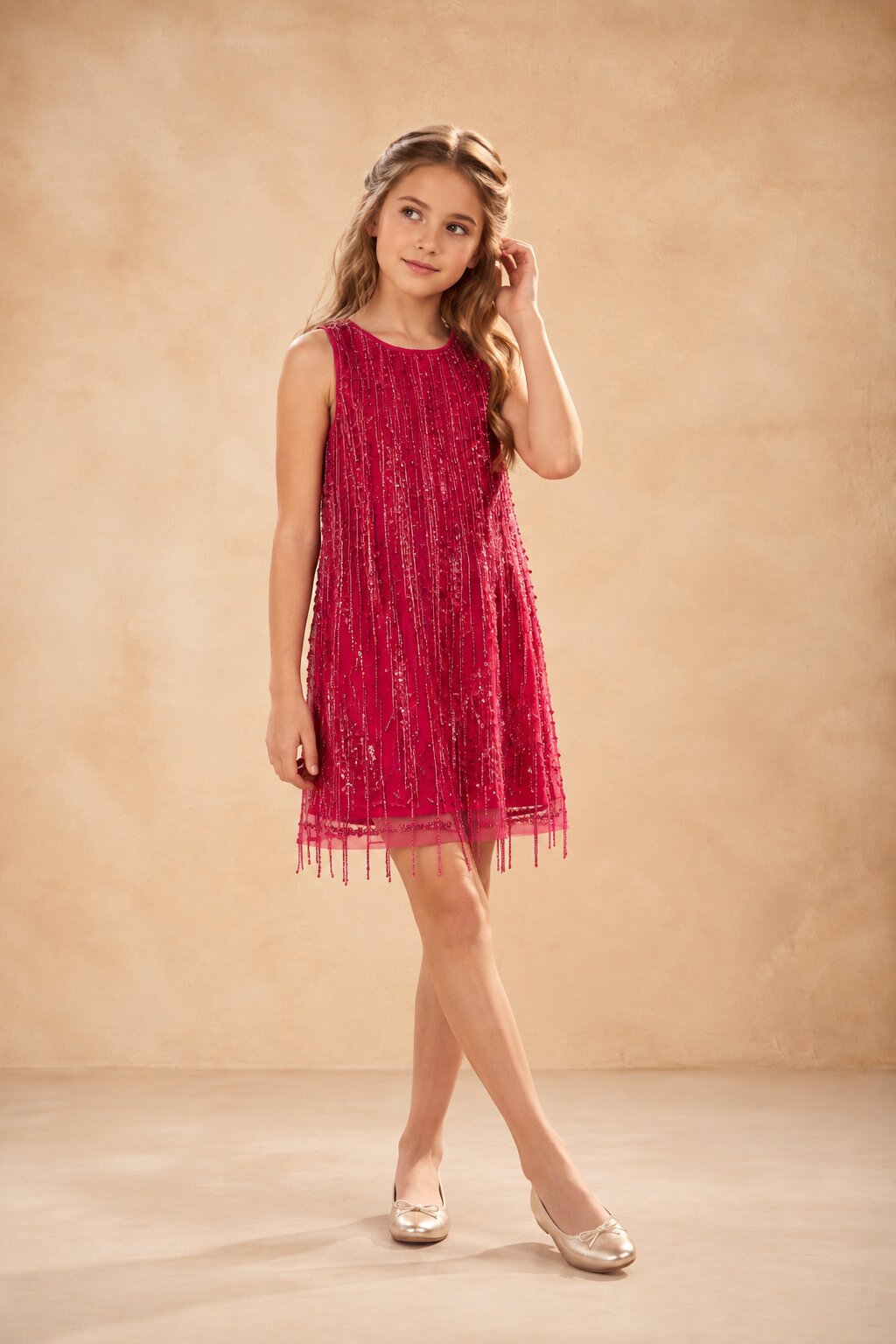 Fuchsia Sequin Embellished Fringe Party Dress