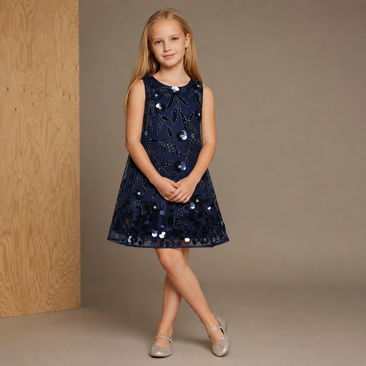 Girls Navy Blue Sequin Appliqué Dress – Sleeveless Party Wear