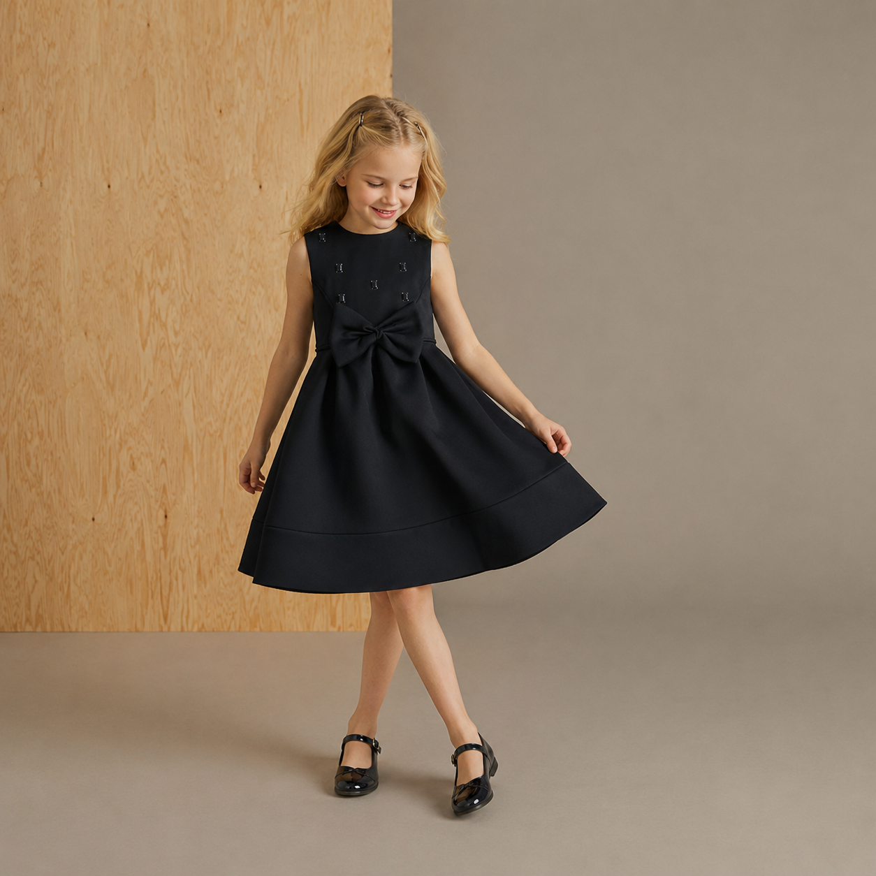 Black Solid Bead Work Adorable Stylish Fit & Flare Dress