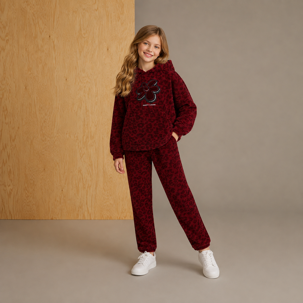 Maroon Charm Printed Fleece Hoodie Set