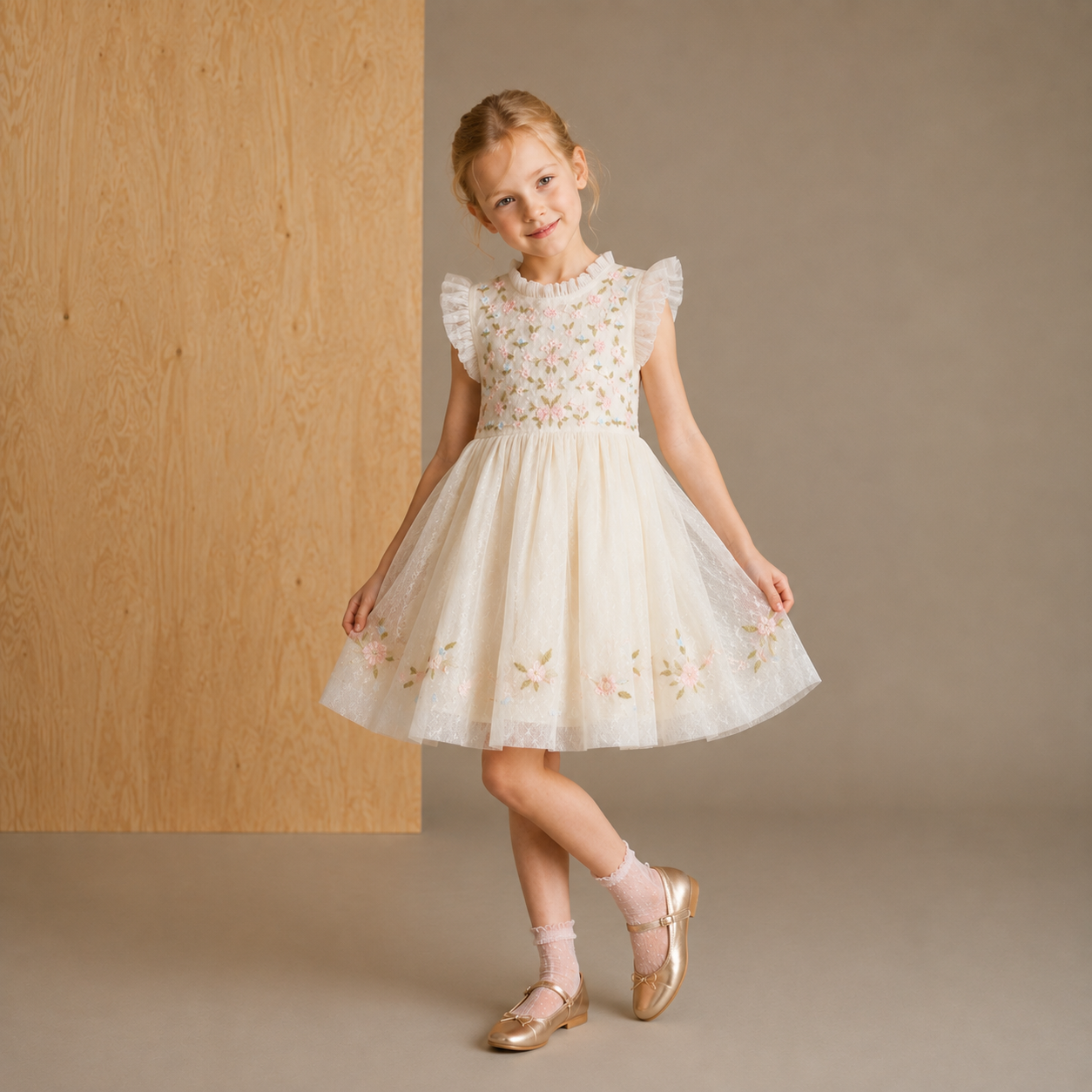 Cream Solid Embroidered Cozy Stylish Winter Dress